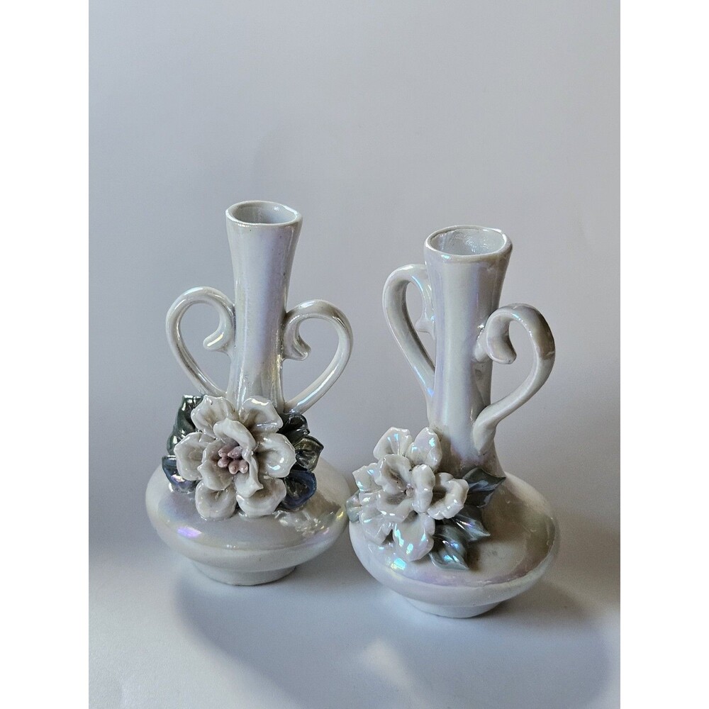 Vintage Iridescent Lusterware Bud Vase Heart Handle Shape Wedding Princess Core
